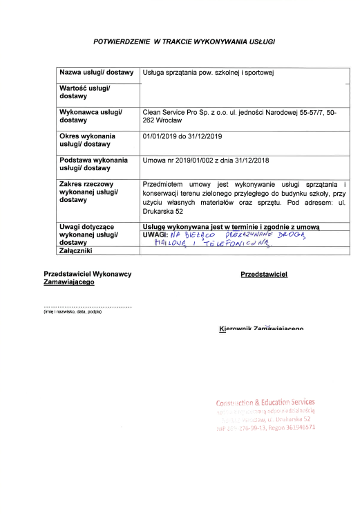 Potwierdzenie realizacji usługi sprzątania powierzchni szkolnej i sportowej dla Clean Service Pro