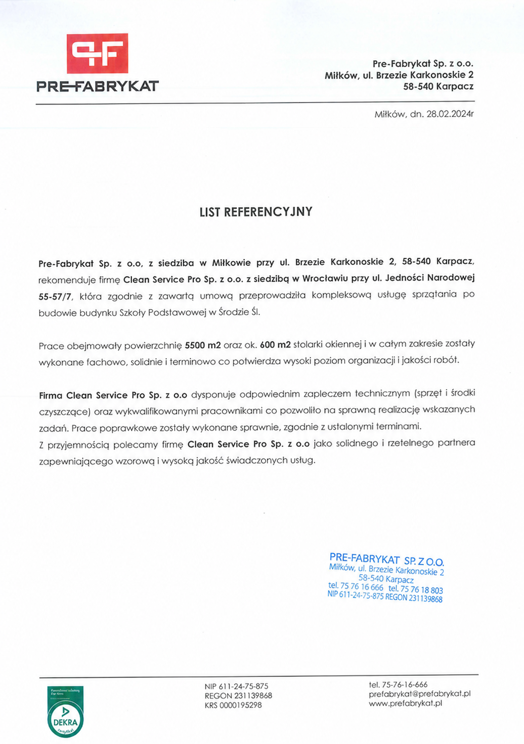 List referencyjny firmy Pre-Fabrykat dla Clean Service Pro dotyczący sprzątania po budowie szkoły w Środzie Śląskiej