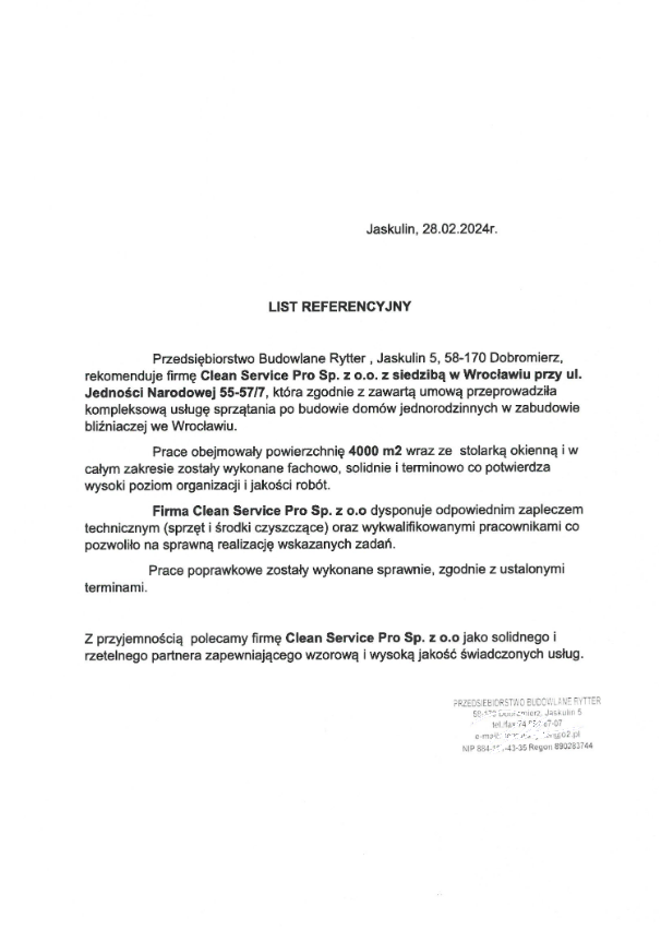 List referencyjny Przedsiębiorstwa Budowlanego Rytter dla Clean Service Pro dotyczący sprzątania po budowie domów we Wrocławiu