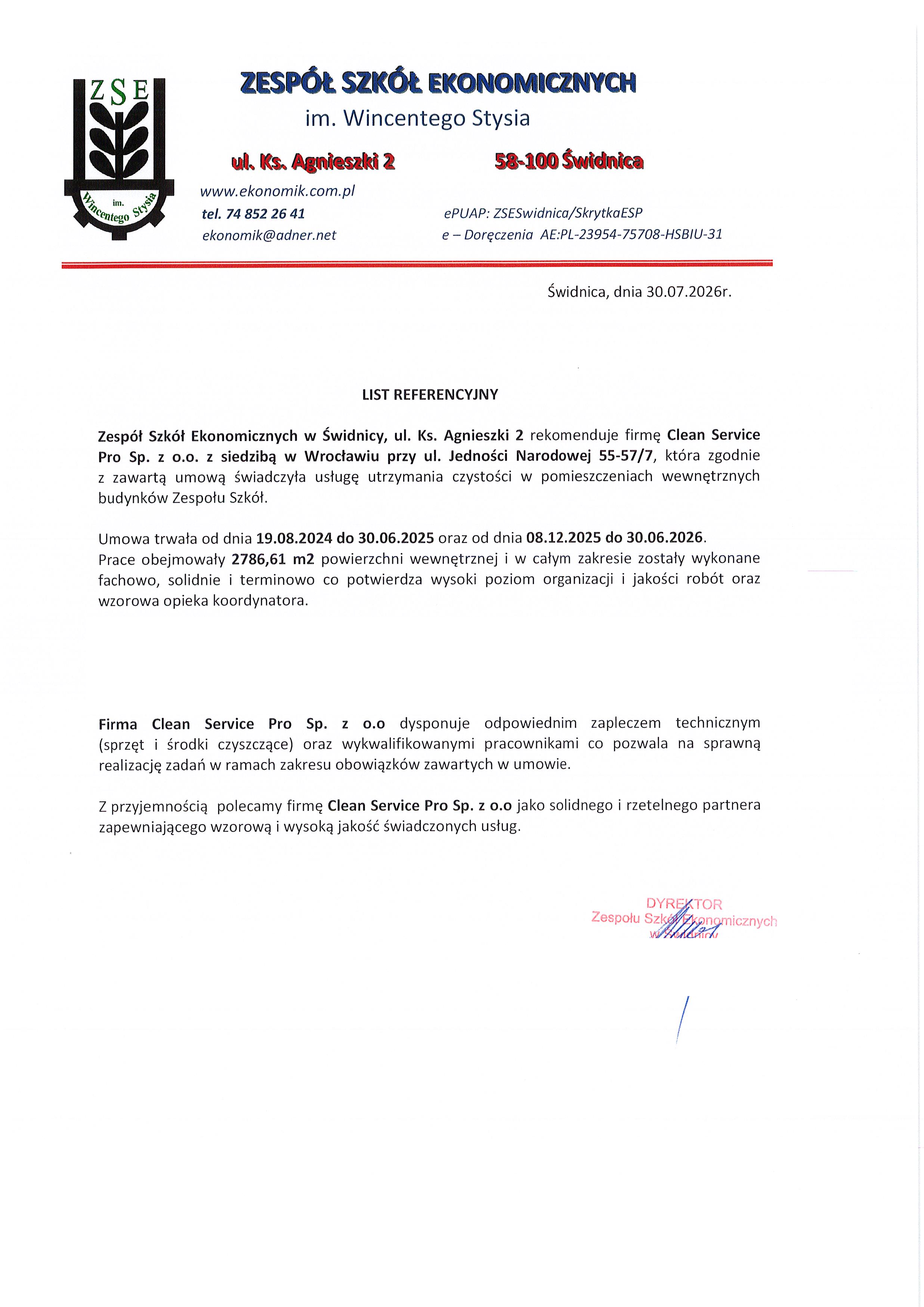 List referencyjny Zespołu Szkół Ekonomicznych w Świdnicy dla Clean Service Pro dotyczący utrzymania czystości w budynkach szkoły